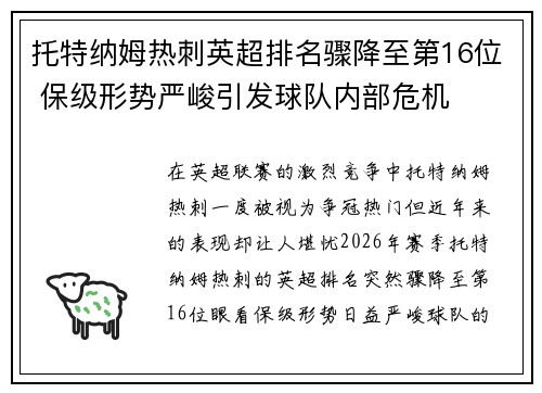 托特纳姆热刺英超排名骤降至第16位 保级形势严峻引发球队内部危机